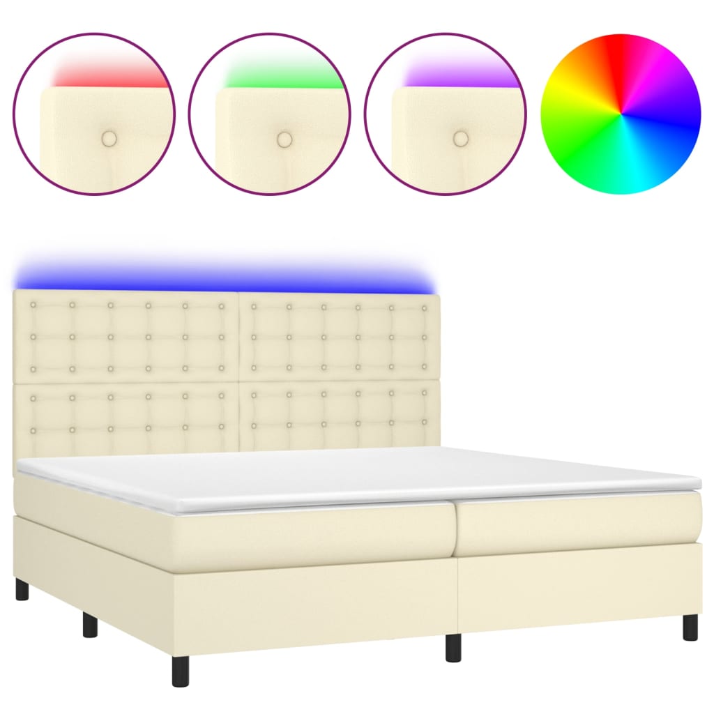 vidaXL Cama box spring c/ colchão/LED 200x200cm couro artificial creme