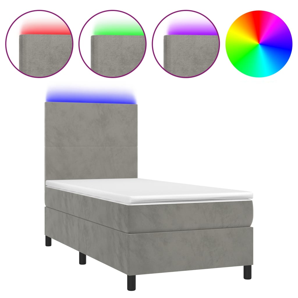vidaXL Cama box spring c/ colchão/LED 100x200 cm veludo cinzento-claro