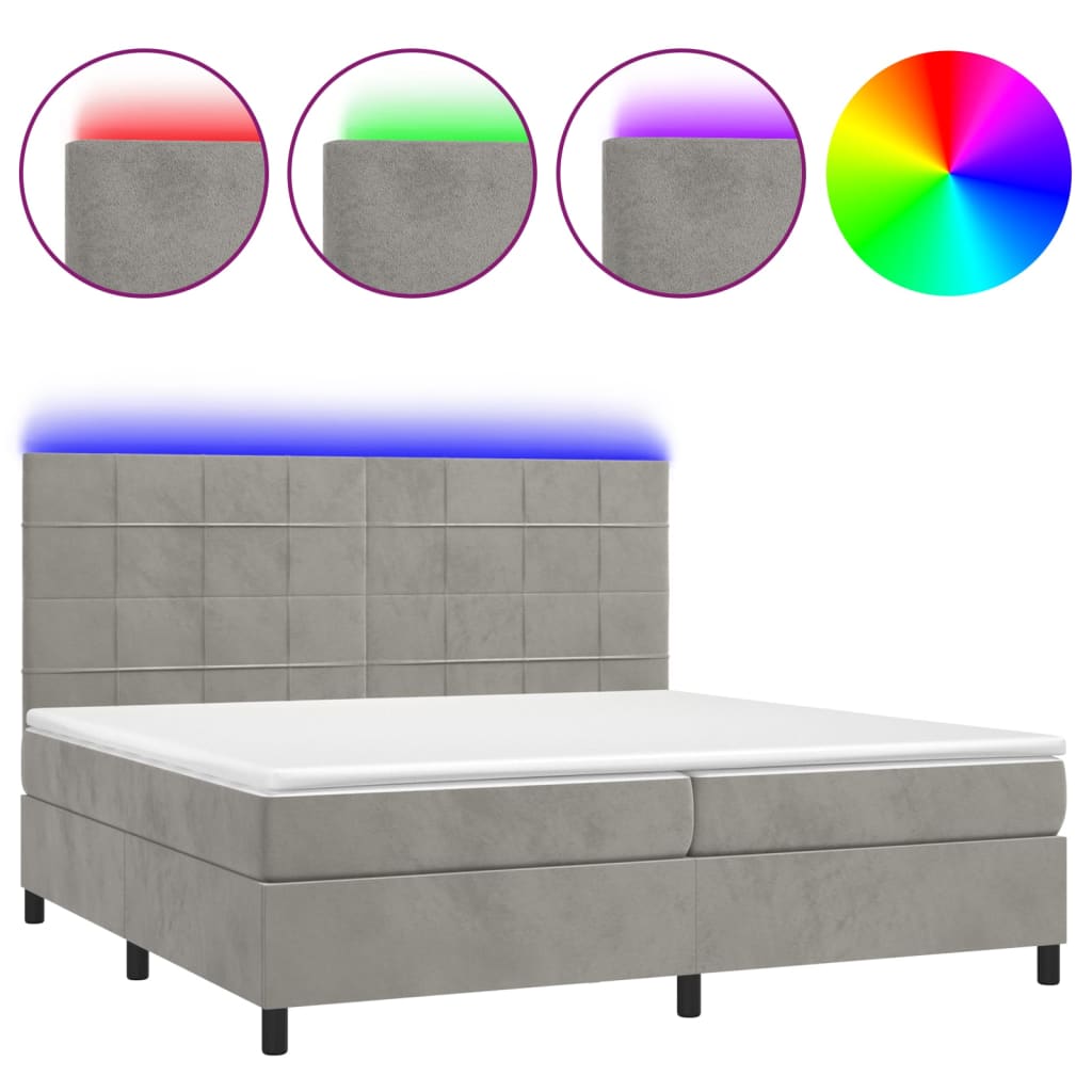 vidaXL Cama box spring c/ colchão/LED 200x200 cm veludo cinzento-claro