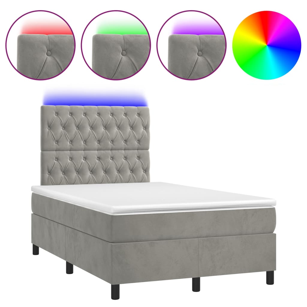 vidaXL Cama box spring c/ colchão/LED 120x200 cm veludo cinzento-claro
