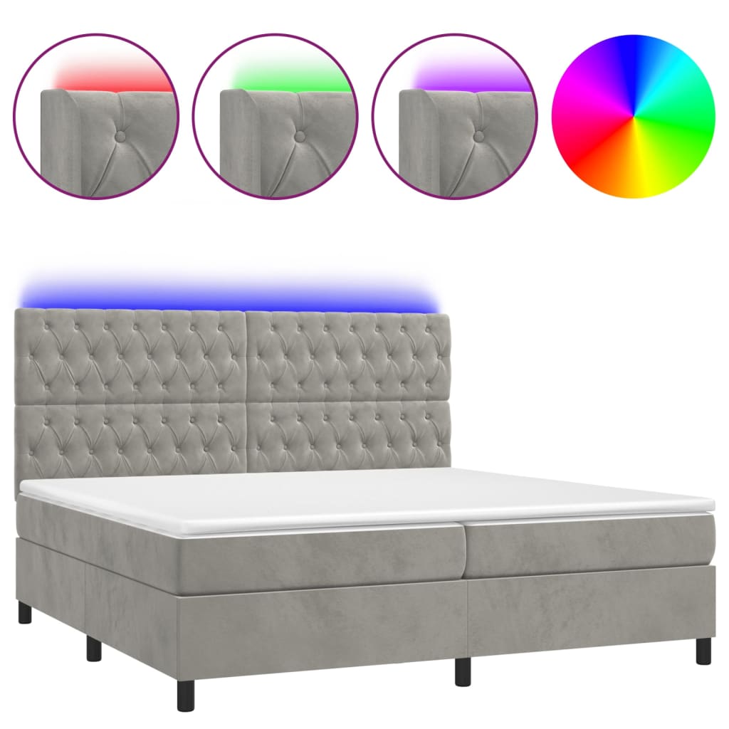 vidaXL Cama box spring c/ colchão/LED 200x200 cm veludo cinzento-claro