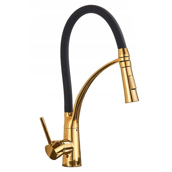 Torneira de cozinha preto e dourado com bica extensível