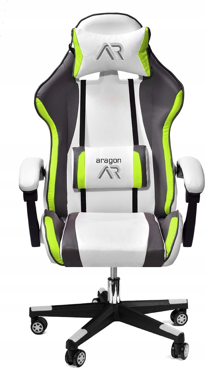 Cadeira gaming ergonómica em pele sintética branco, cinza e verde