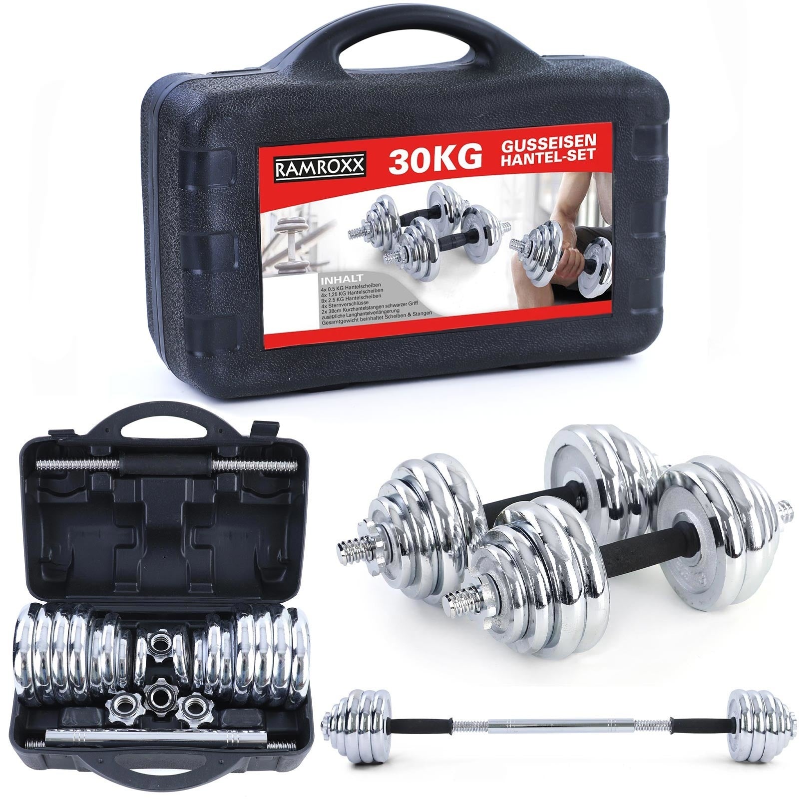 Conjunto de halteres 30 kg com barra cromado com mala