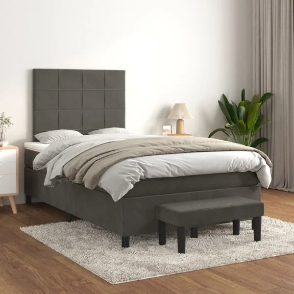 vidaXL Cama Boxspring com Colchão 120x200 cm Veludo Cinzento-escuro - 1612693812