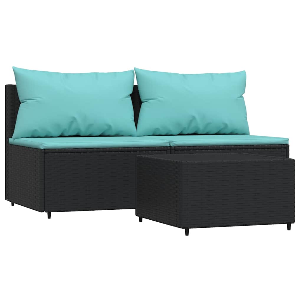 vidaXL 3 pcs conjunto lounge de jardim c/ almofadões vime PE preto