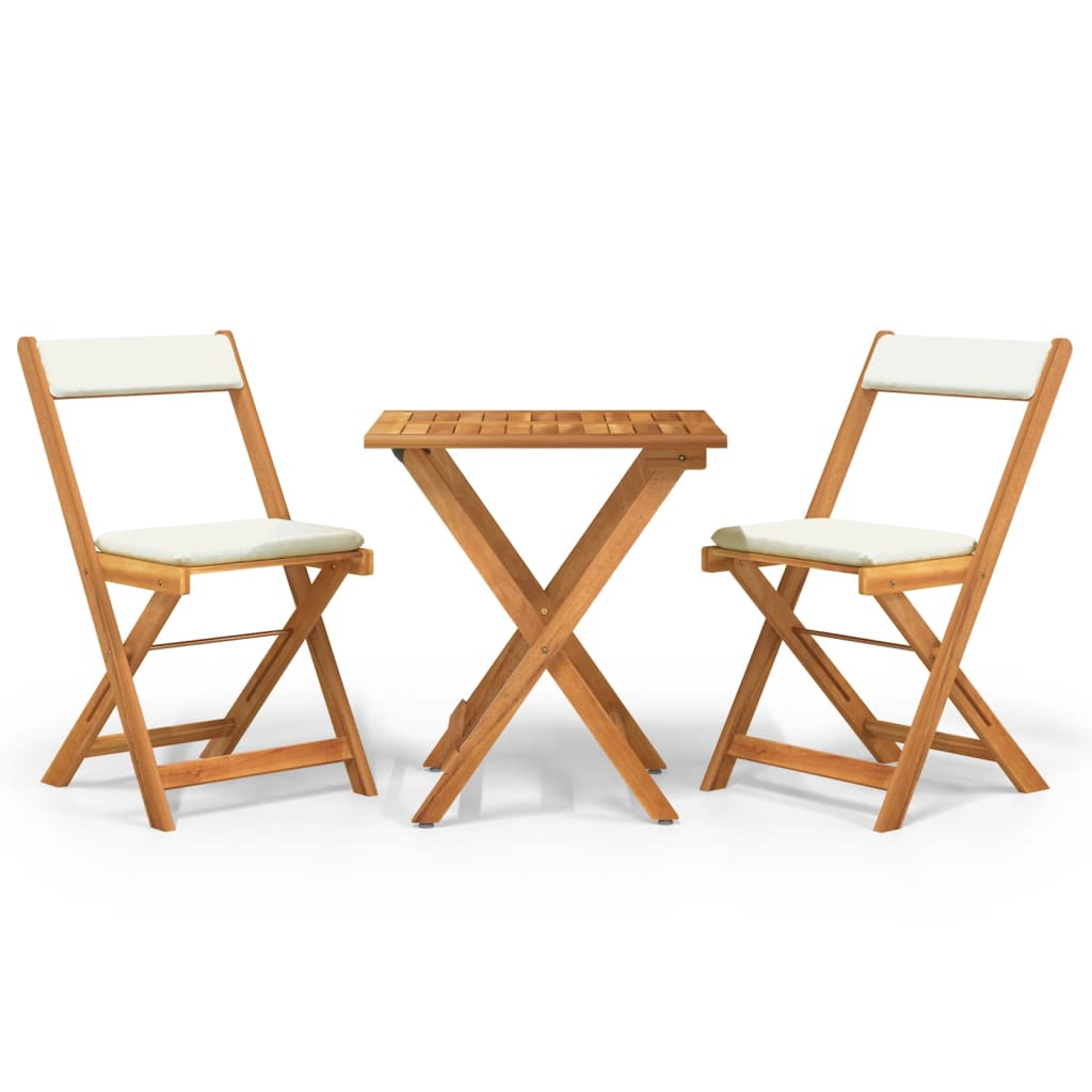 vidaXL 3 pcs conjunto bistrô dobrável c/ almofadões acácia maciça