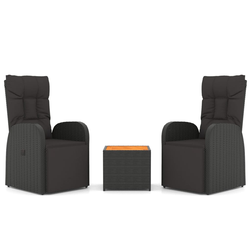 vidaXL 3 pcs conjunto lounge para jardim vime PE/acácia maciça preto