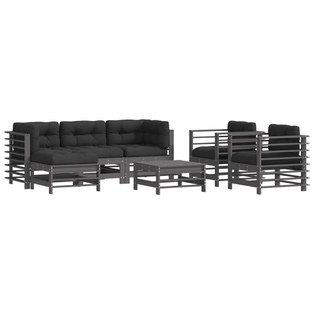 vidaXL 7 pcs conjunto lounge jardim c/ almofadões madeira maciça cinza