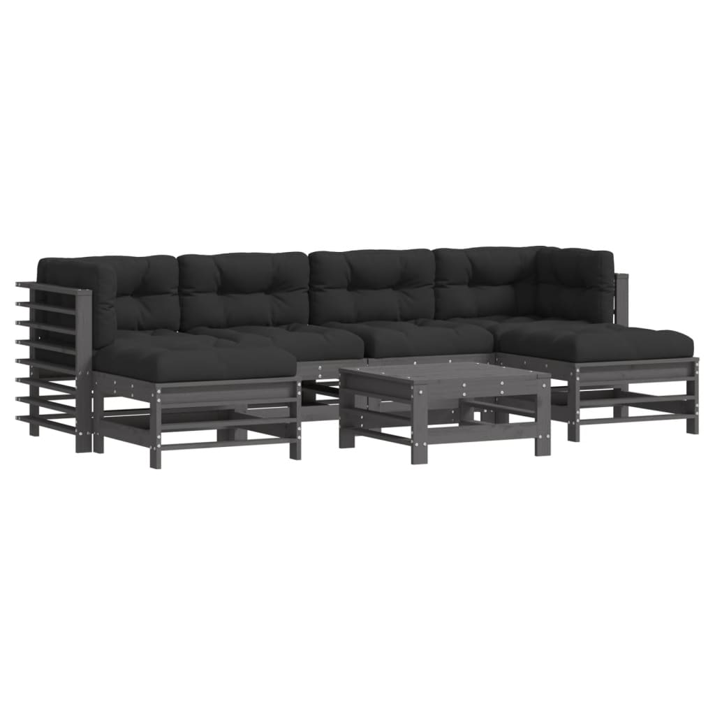 vidaXL 7 pcs conjunto lounge jardim c/ almofadões madeira maciça cinza