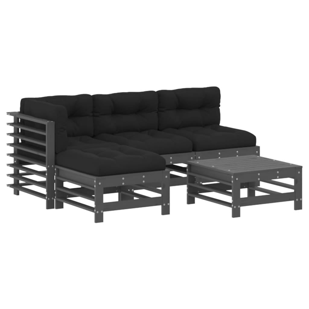 vidaXL 5pcs conjunto lounge jardim com almofadões madeira maciça cinza