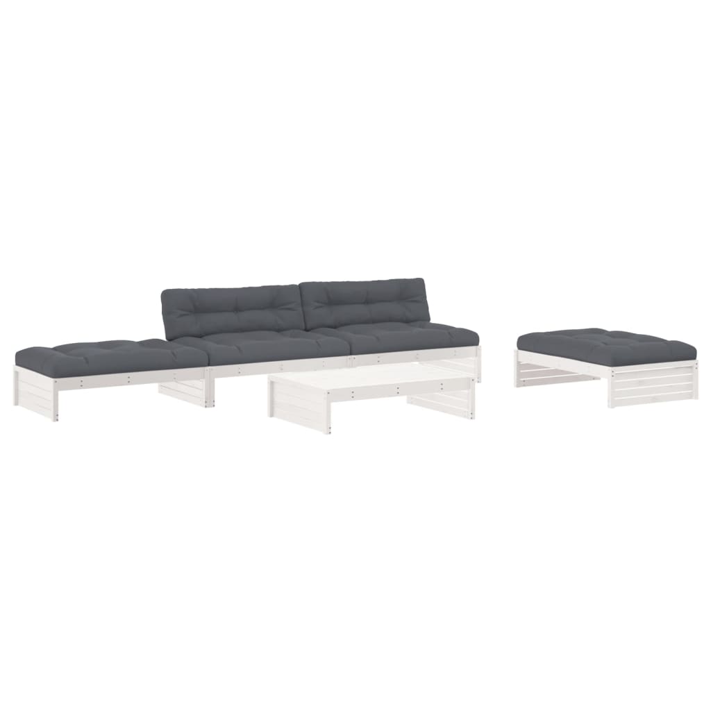 vidaXL 5pcs conjunto lounge jardim c/ almofadões madeira maciça branco