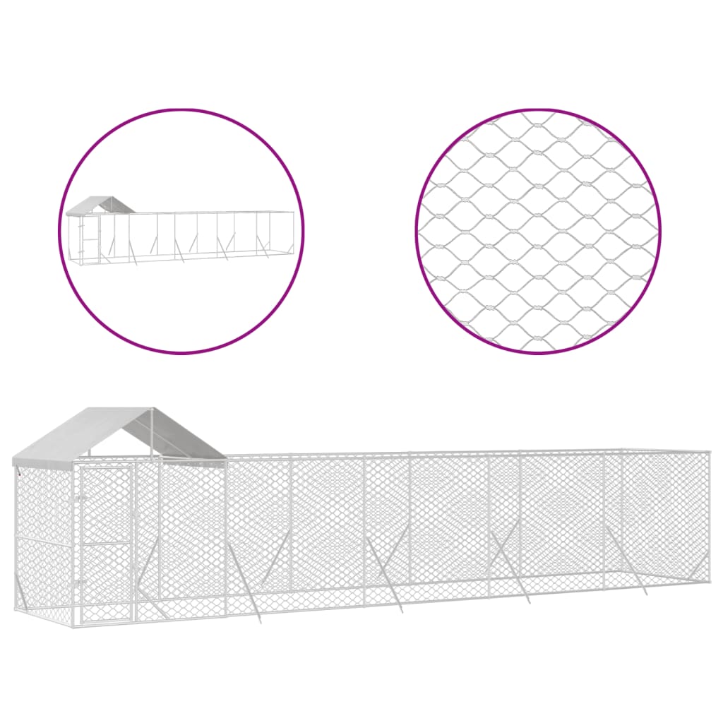 vidaXL Canil de exterior com teto 10x2x2,5 m aço galvanizado prateado