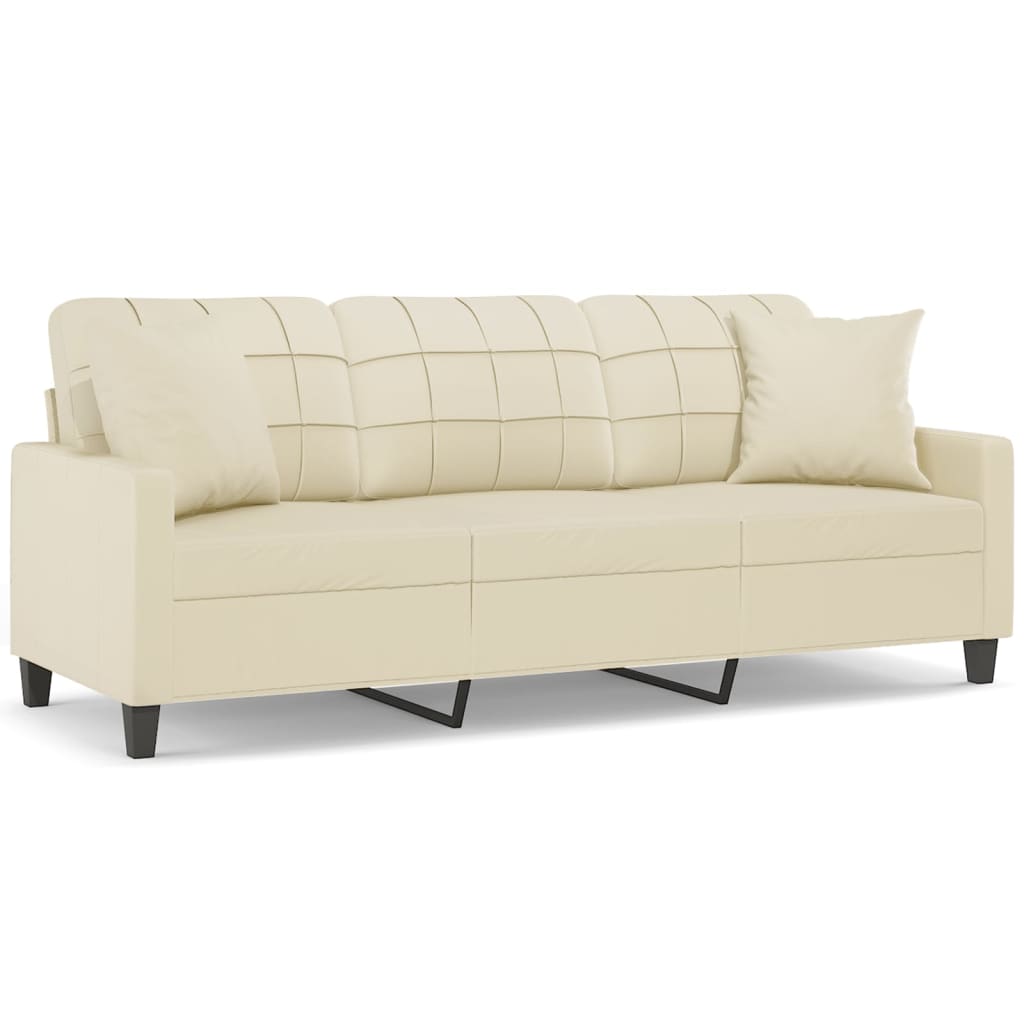 vidaXL Sofá 3 lug. c/ almofadas decorativas 180 cm couro artif. creme