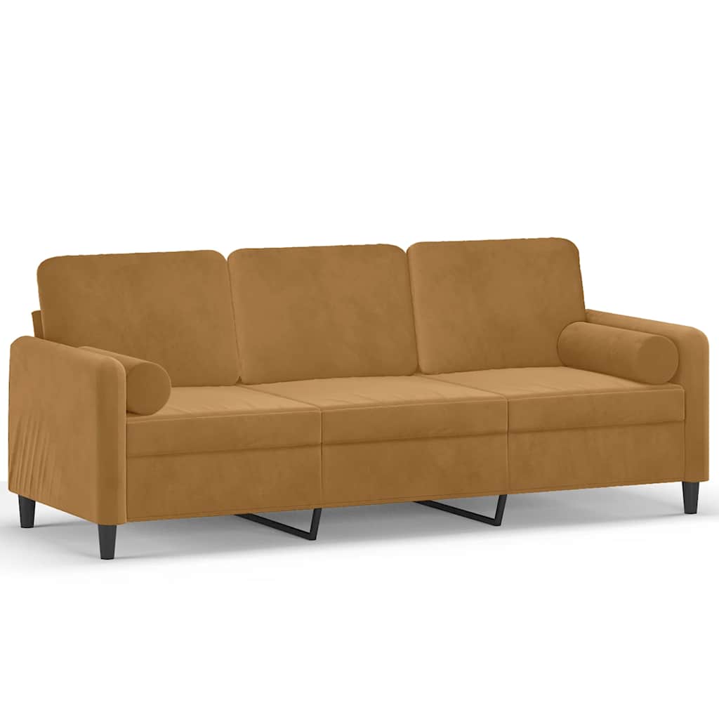 vidaXL Sofá 3 lugares c/ almofadas decorativas 180 cm veludo castanho
