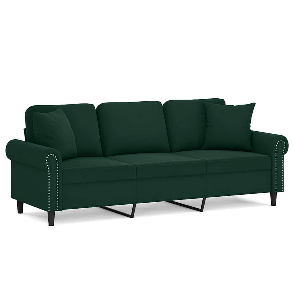 vidaXL Sofá 3 lug. c/ almofadas decorativas 180 cm veludo verde-escuro