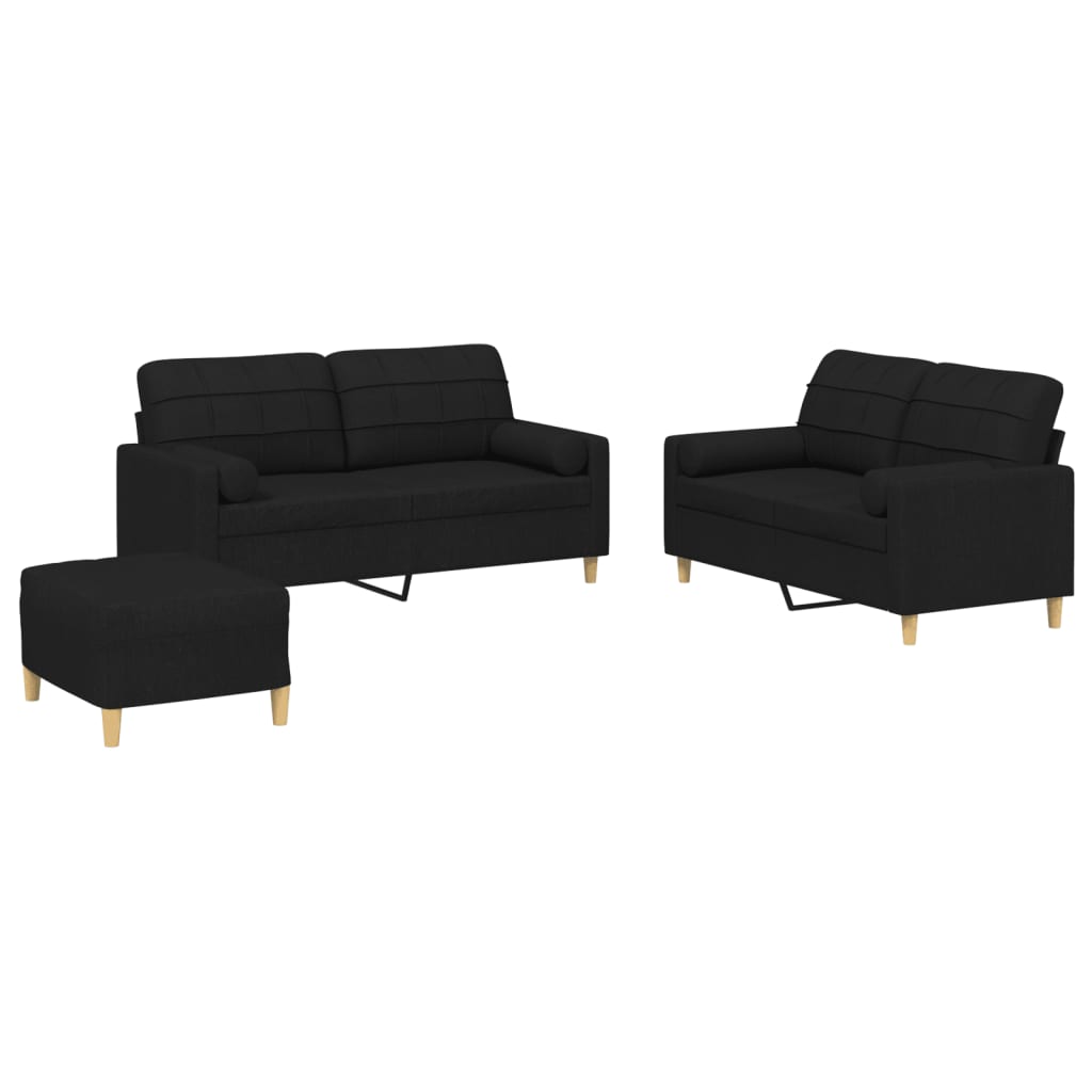 vidaXL 3 pcs conjunto de sofás com almofadas tecido preto