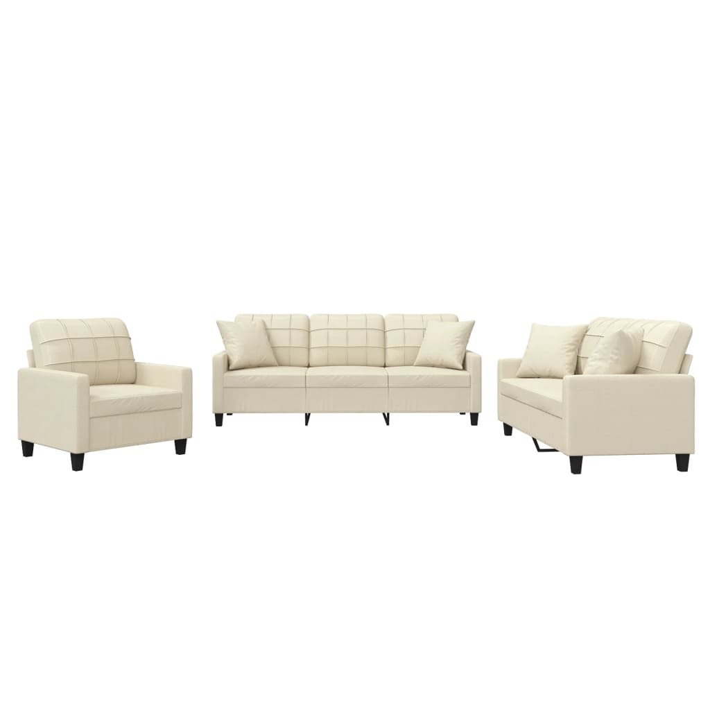 vidaXL 3 pcs conjunto de sofás com almofadas couro artificial creme
