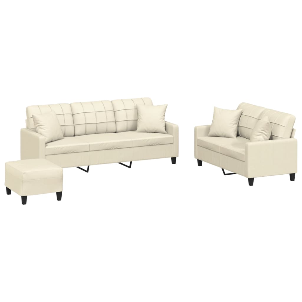 vidaXL 3 pcs conjunto de sofás com almofadas couro artificial creme