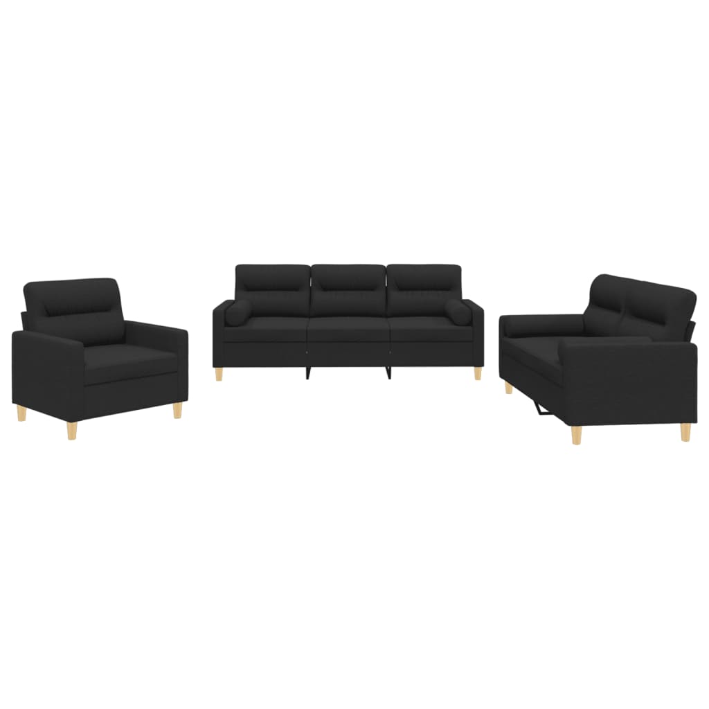 vidaXL 3 pcs conjunto de sofás com almofadas tecido preto