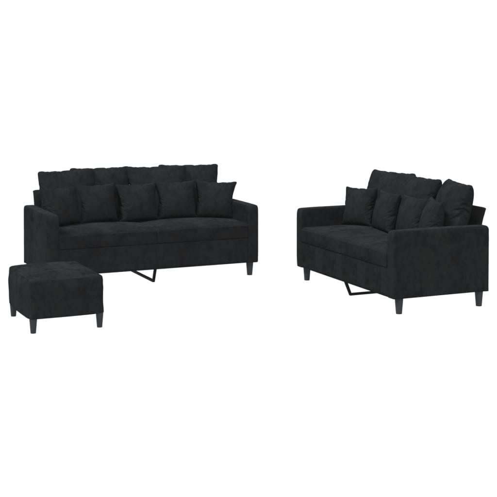 vidaXL 3 pcs conjunto de sofás com almofadões veludo preto