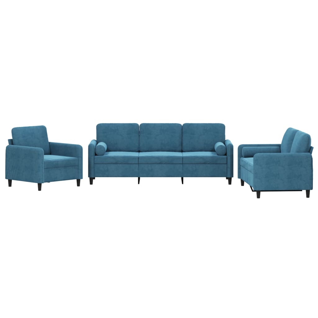 vidaXL 3 pcs conjunto de sofás com almofadas veludo azul