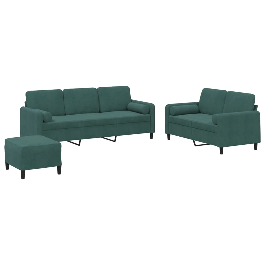 vidaXL 3 pcs conjunto de sofás com almofadas veludo verde-escuro