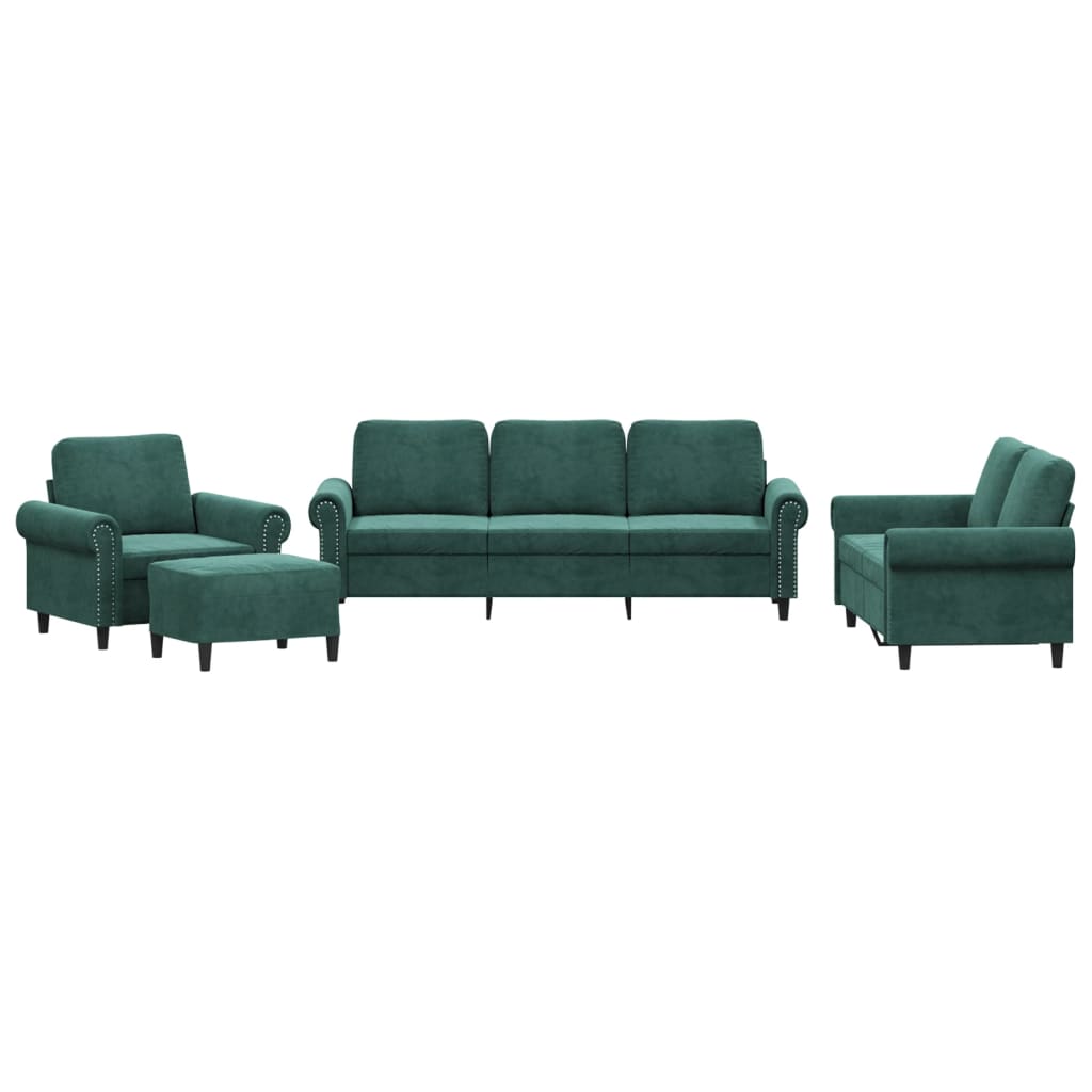 vidaXL 4 pcs conjunto de sofás com almofadões veludo verde-escuro