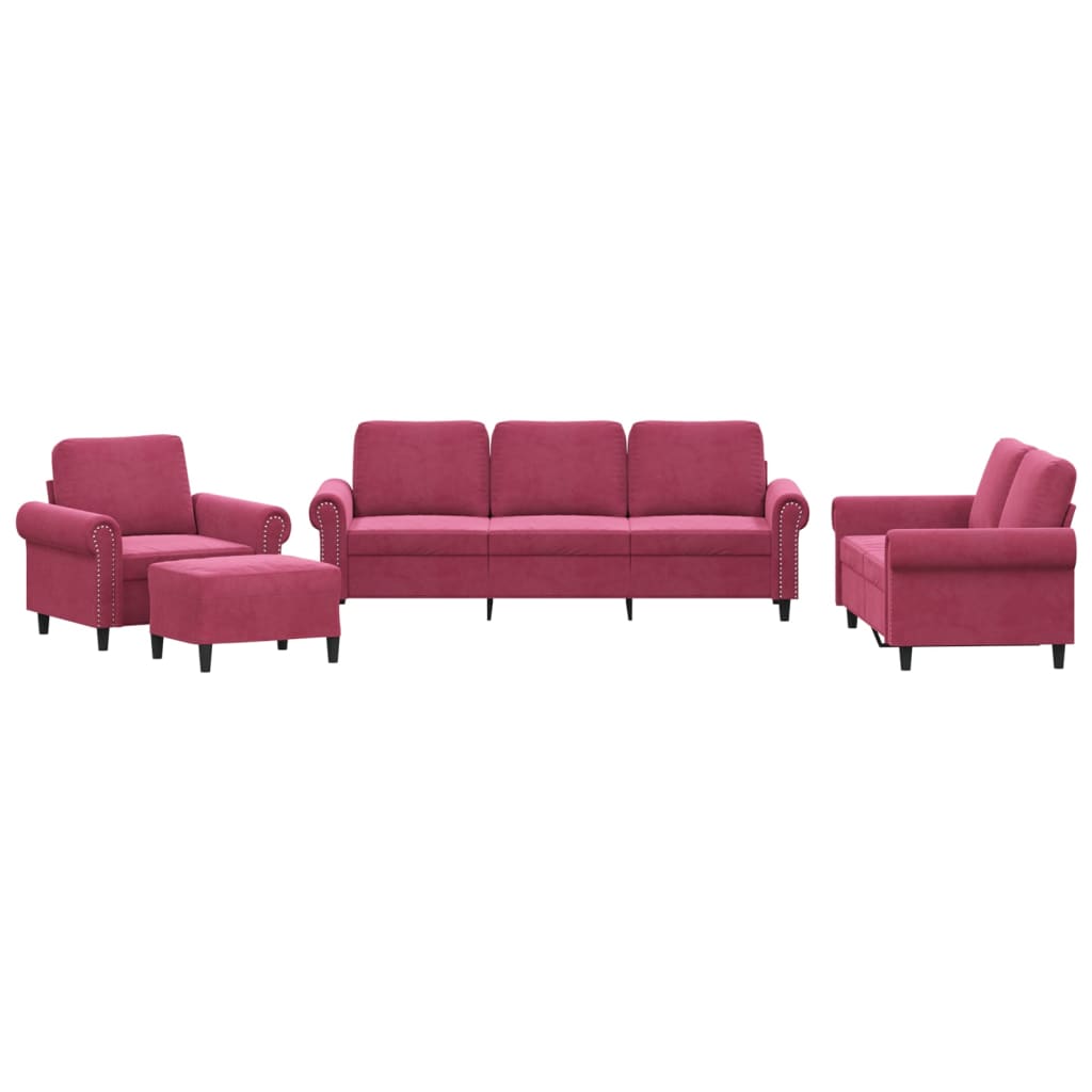 vidaXL 4 pcs conjunto de sofás com almofadões veludo vermelho tinto