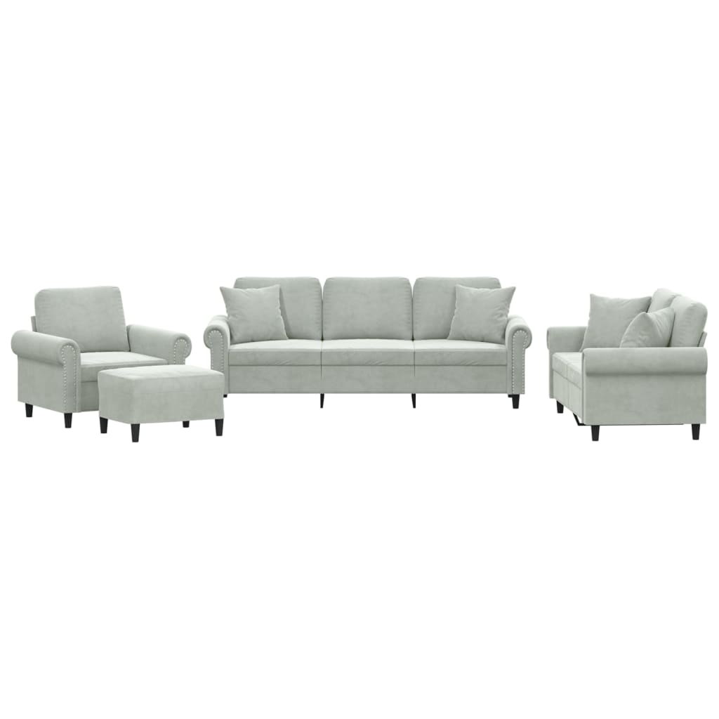 vidaXL 4 pcs conjunto de sofás com almofadas veludo cinzento-claro