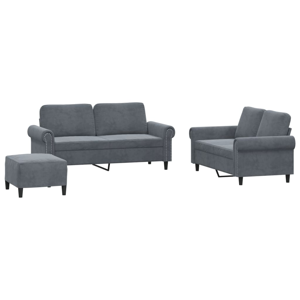 vidaXL 3 pcs conjunto de sofás com almofadões veludo cinzento-escuro