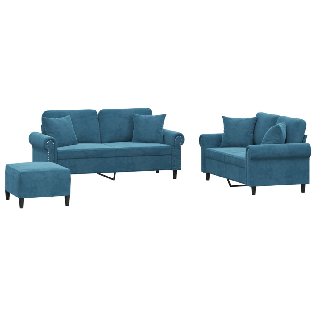 vidaXL 3 pcs conjunto de sofás com almofadas veludo azul