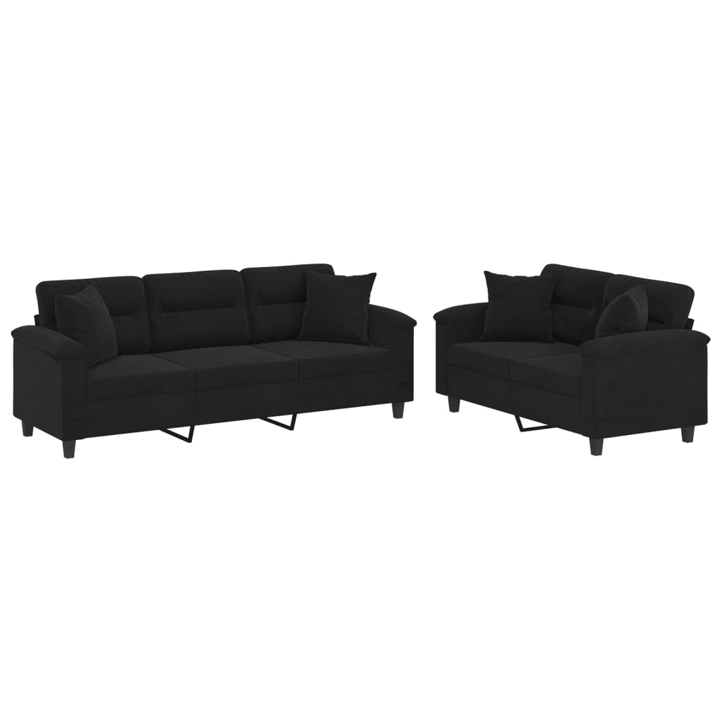 vidaXL 2 pcs conjunto sofás c/ almofadas tecido de microfibra preto