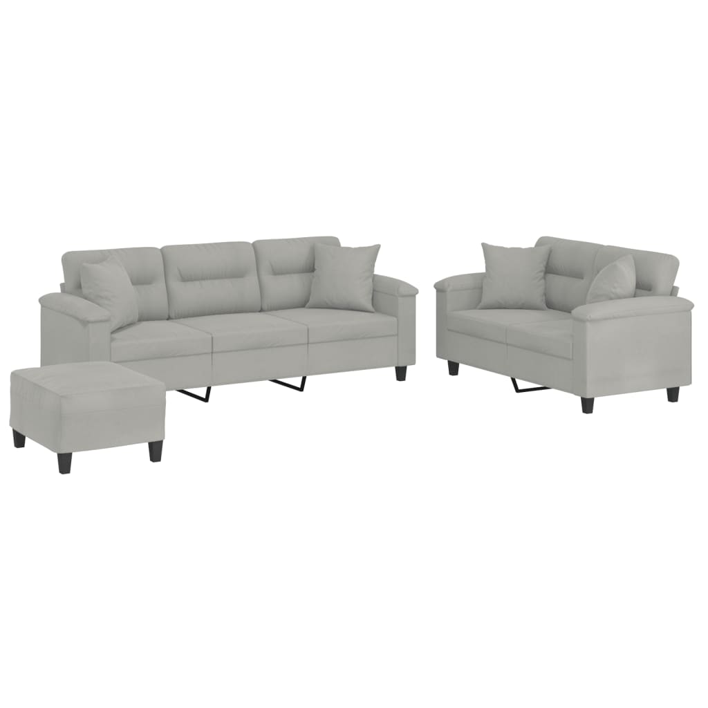 vidaXL 3 pcs conjunto sofás c/ almofadas tecido microfibra cinza-claro