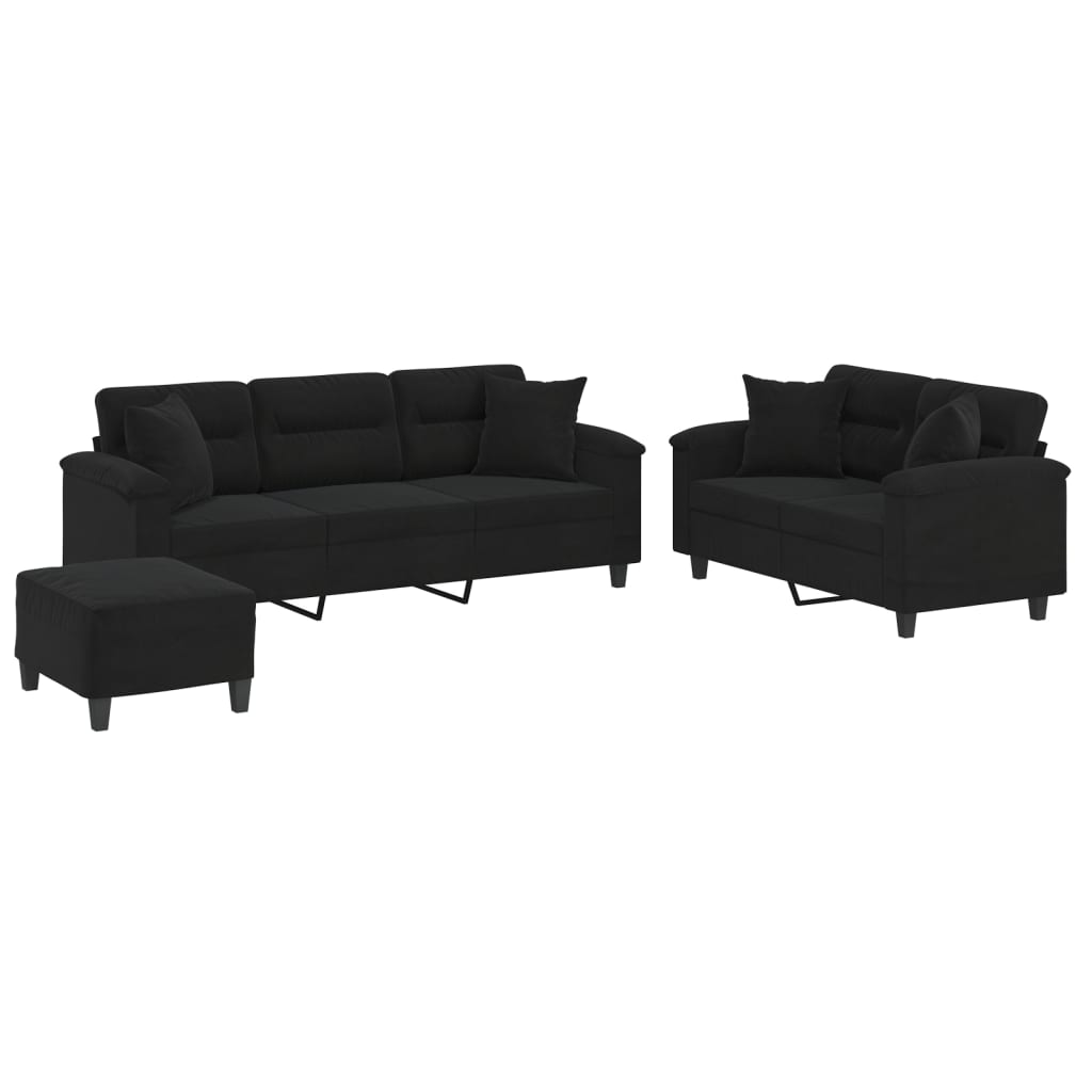 vidaXL 3 pcs conjunto sofás c/ almofadas tecido de microfibra preto