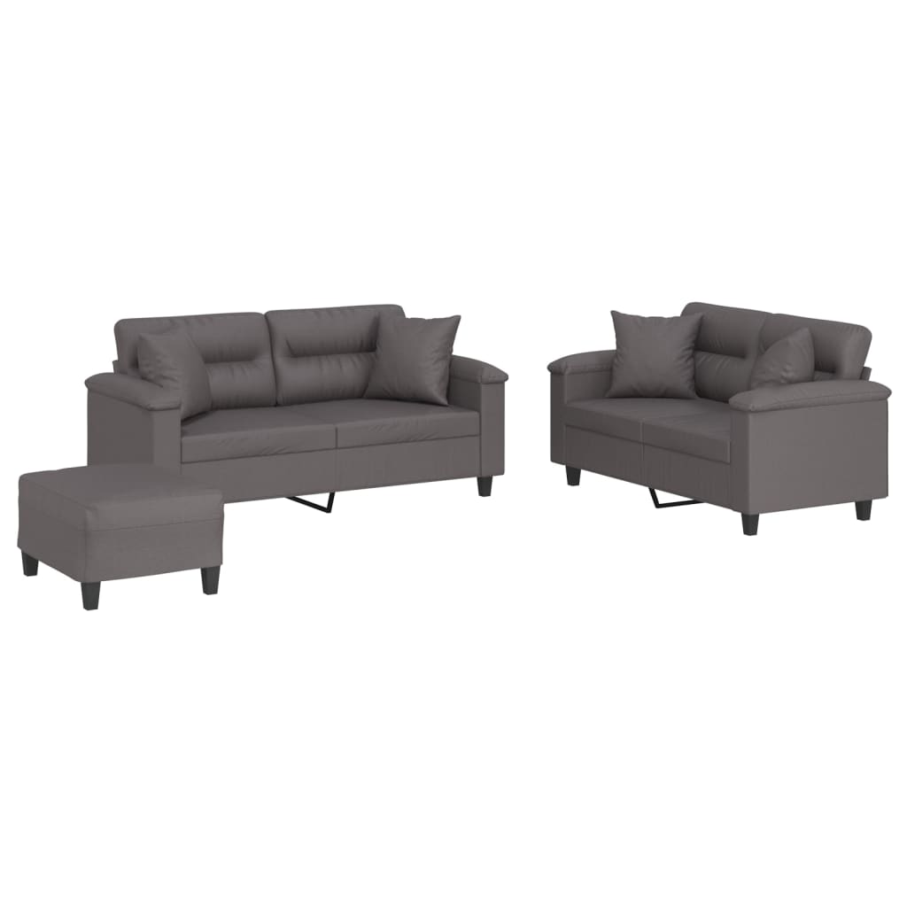 vidaXL 3 pcs conjunto de sofás com almofadas couro artificial cinzento
