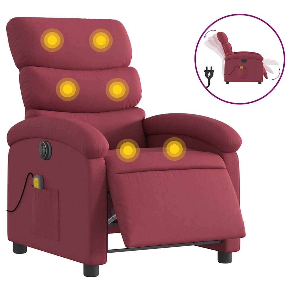vidaXL Poltrona reclinável de massagens elétrica tecido vermelho tinto
