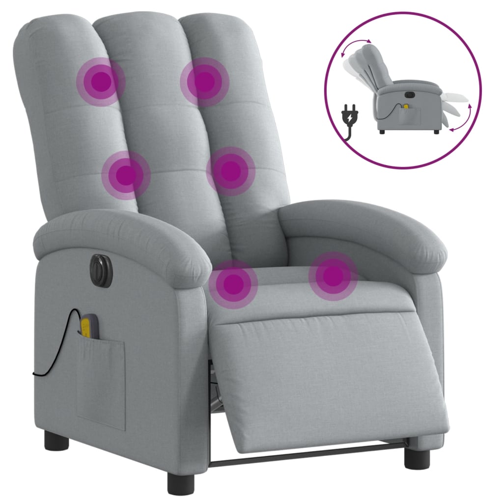 vidaXL Poltrona de massagens reclinável elétrica tecido cinzento-claro