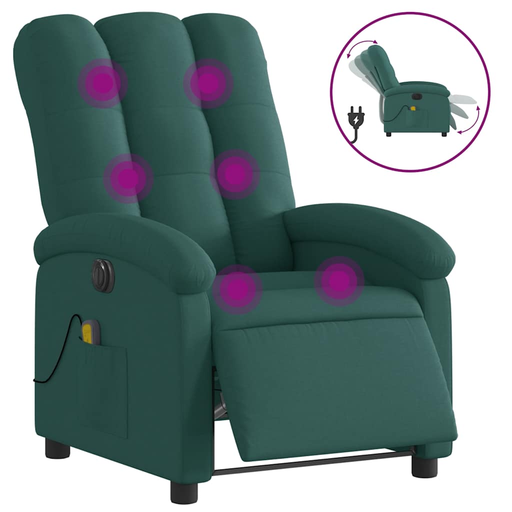 vidaXL Poltrona reclinável de massagens elétrica tecido verde-escuro