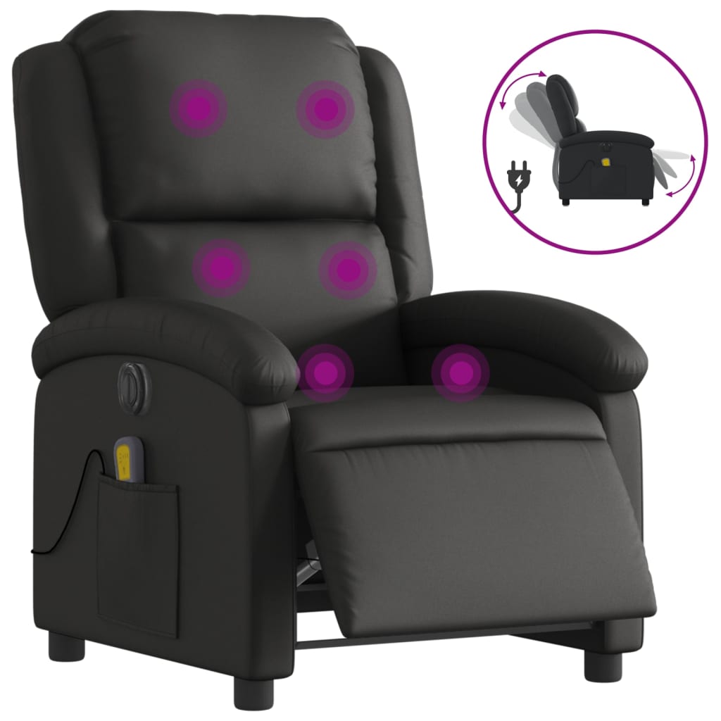 vidaXL Poltrona de massagens reclinável elétrica couro genuíno preto