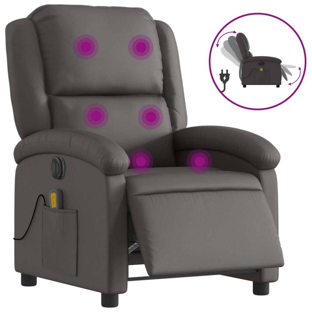 vidaXL Poltrona de massagens reclinável elétrica couro genuíno cinza