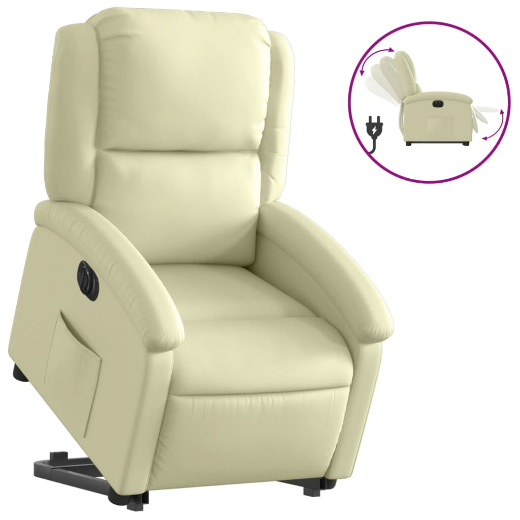 vidaXL Poltrona reclinável elevatória elétrica couro genuíno creme
