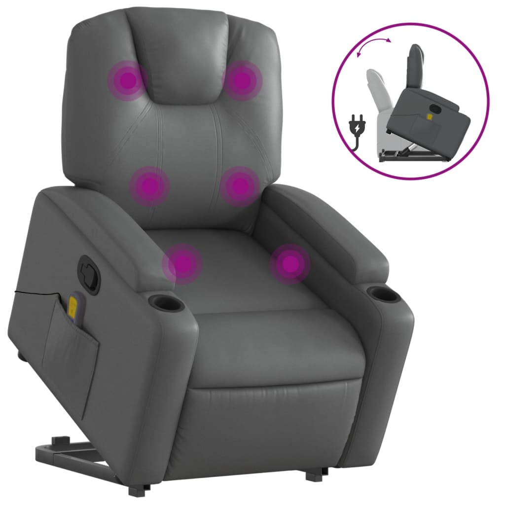 vidaXL Poltrona massagens reclinável elevatória couro artif. cinzento