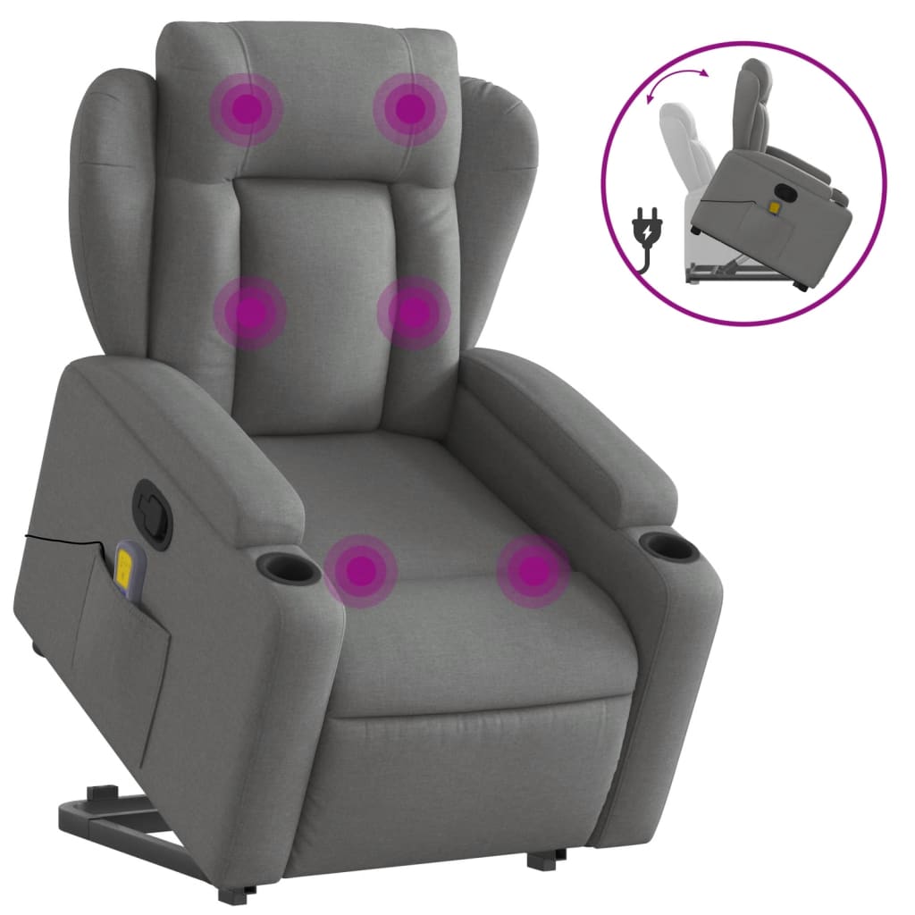 vidaXL Poltrona elevatória de massagens tecido cinzento-escuro