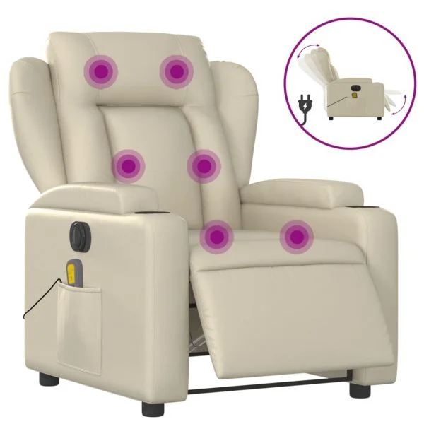 Poltrona Massagens Reclinável Elétrica Couro Artificial Creme - 3002120668