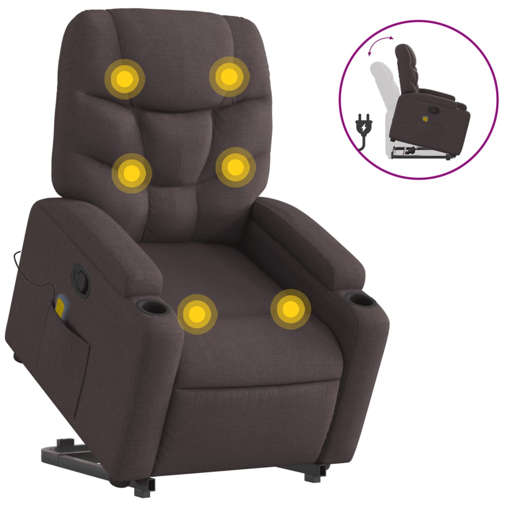 vidaXL Poltrona massagens reclinável elevatória tecido castanho-escuro