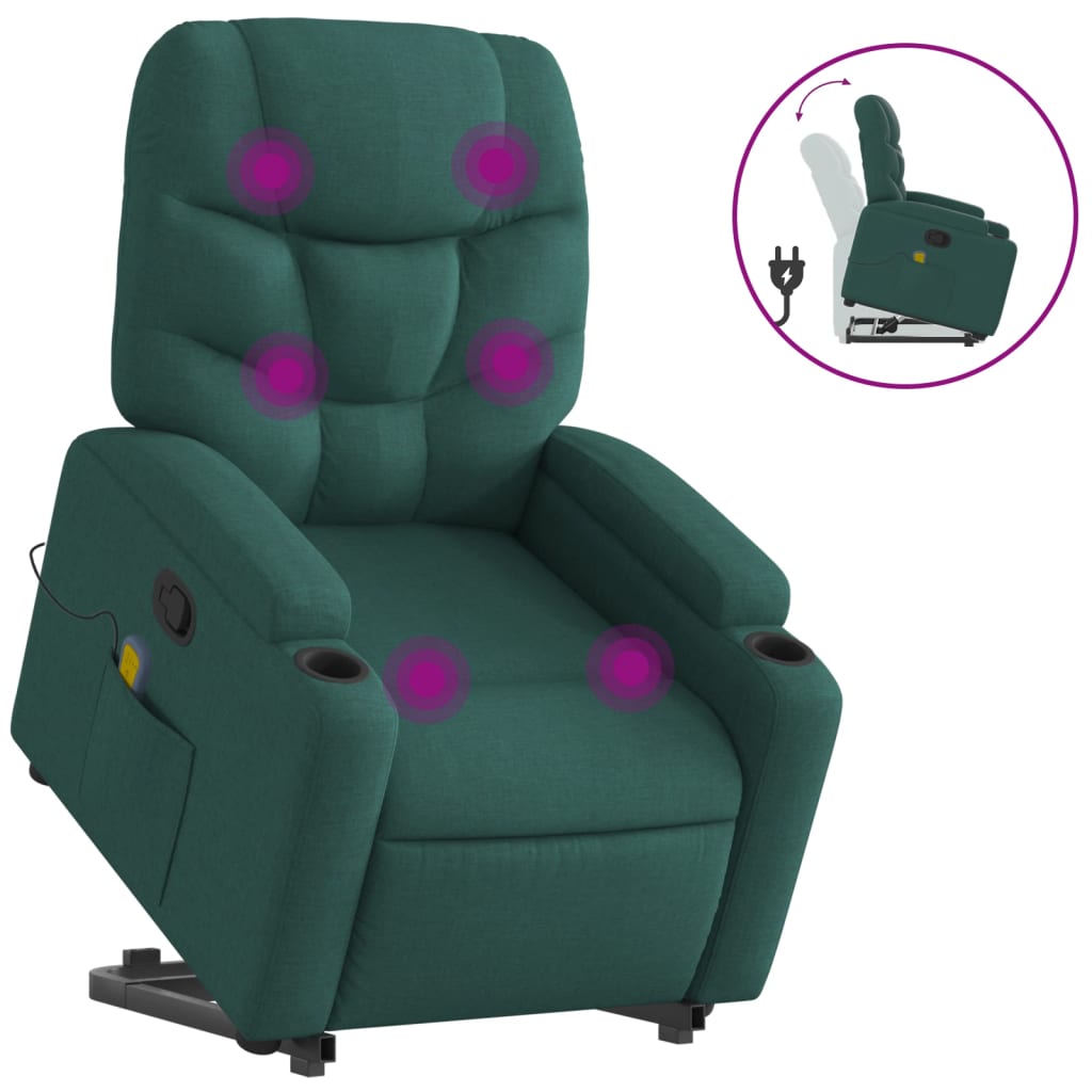 vidaXL Poltrona reclinável elevatória de massagens tecido verde-escuro