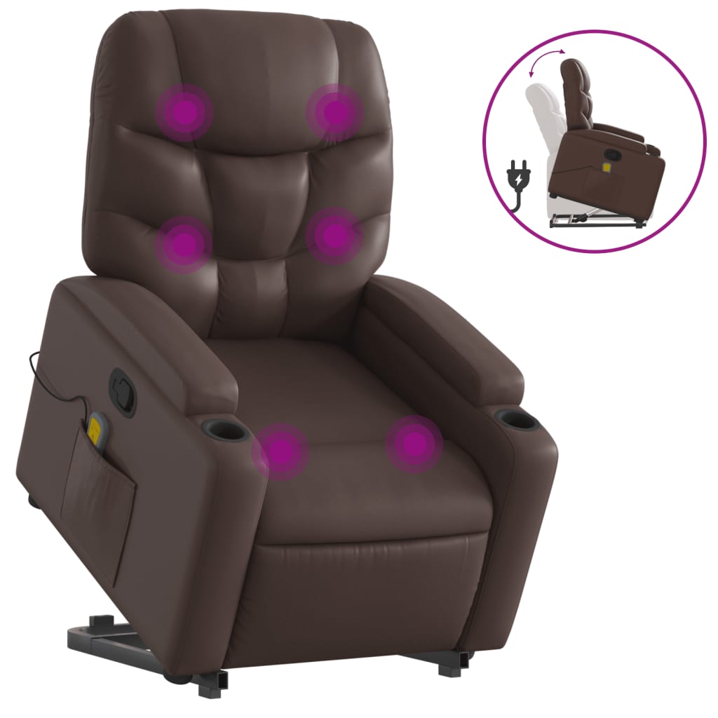 vidaXL Poltrona massagens reclinável elevatória couro artif. castanho
