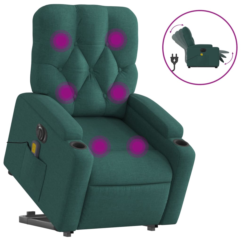 vidaXL Poltrona elétrica elevatória massagens tecido verde-escuro