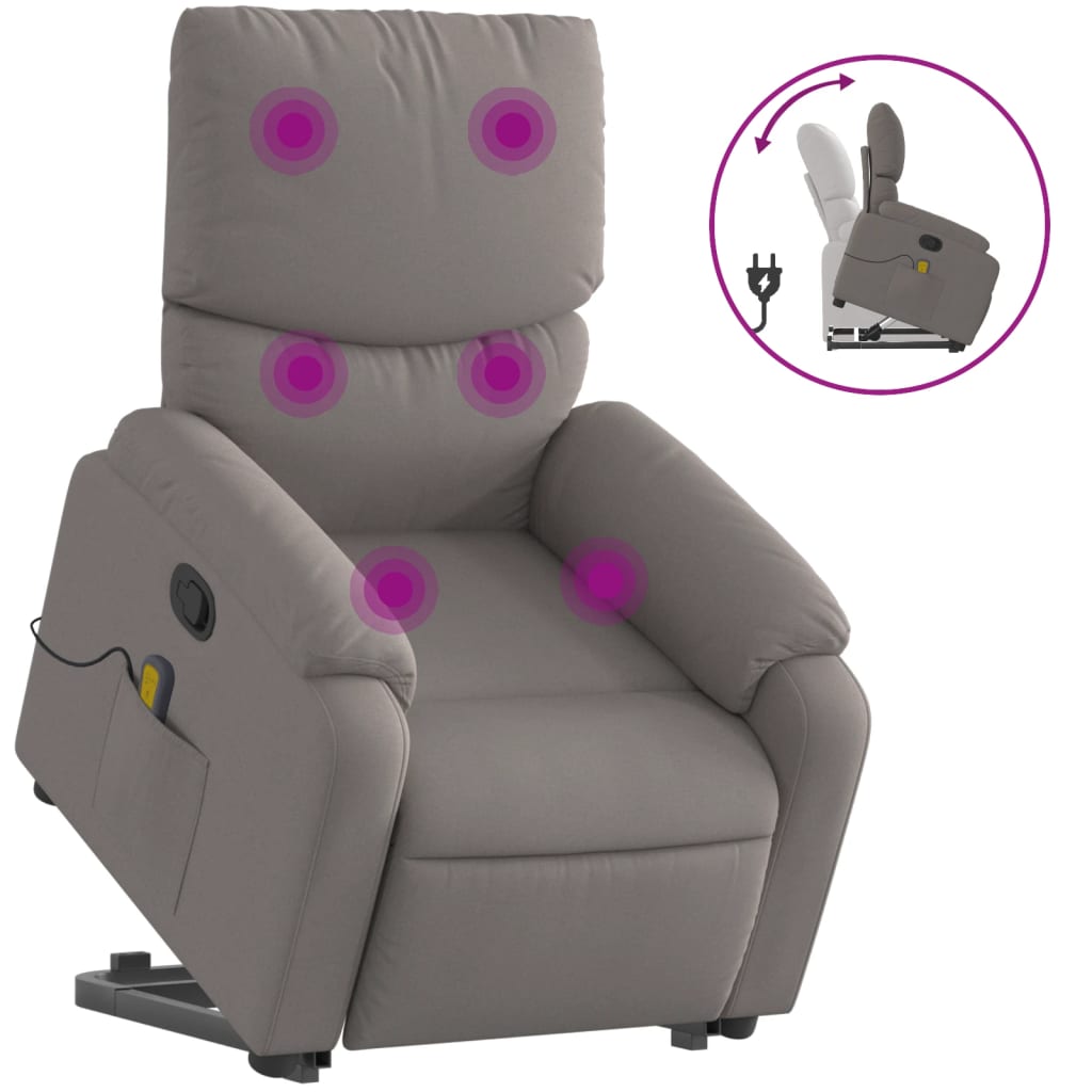 vidaXL Poltrona elevatória de massagens tecido cinzento-acastanhado
